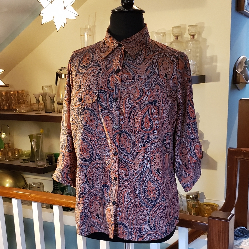 Notations Womens Brown Paisley Button Down Shirt